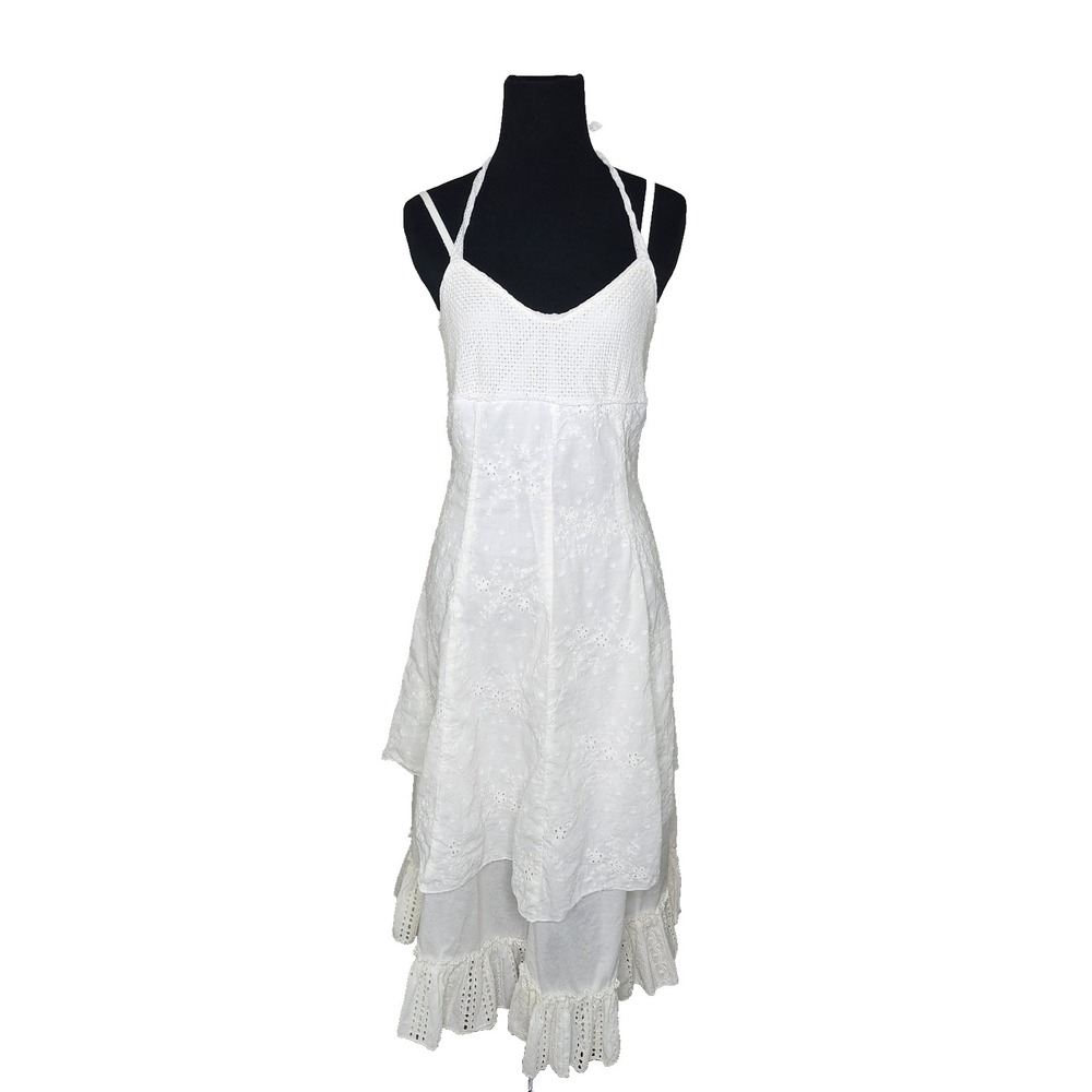 Womens White Cotton Floral Lace Tiered Lined Eyelet Midi Dress L-XL Wedding Fair